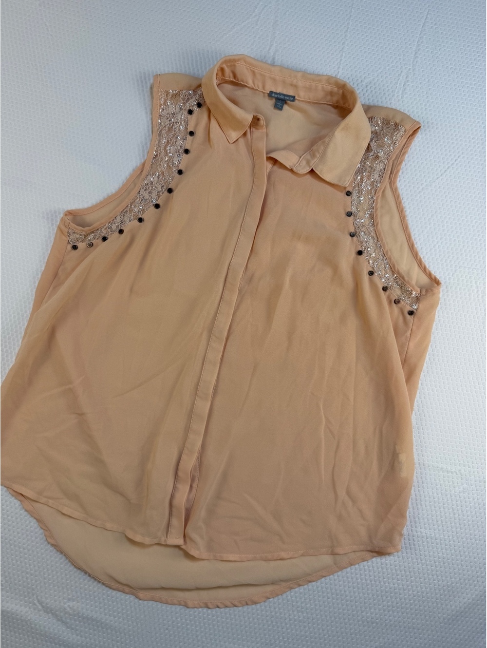 Charlotte Russe Women's L Peach Embellished Sleeveless Blouse Y2K Studded Sheer